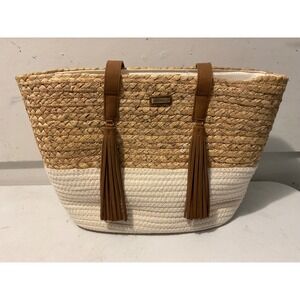 Sun N Sand Woven Straw Beach Tote Bag Two Tone Tassel Shoulder Bag Brown White